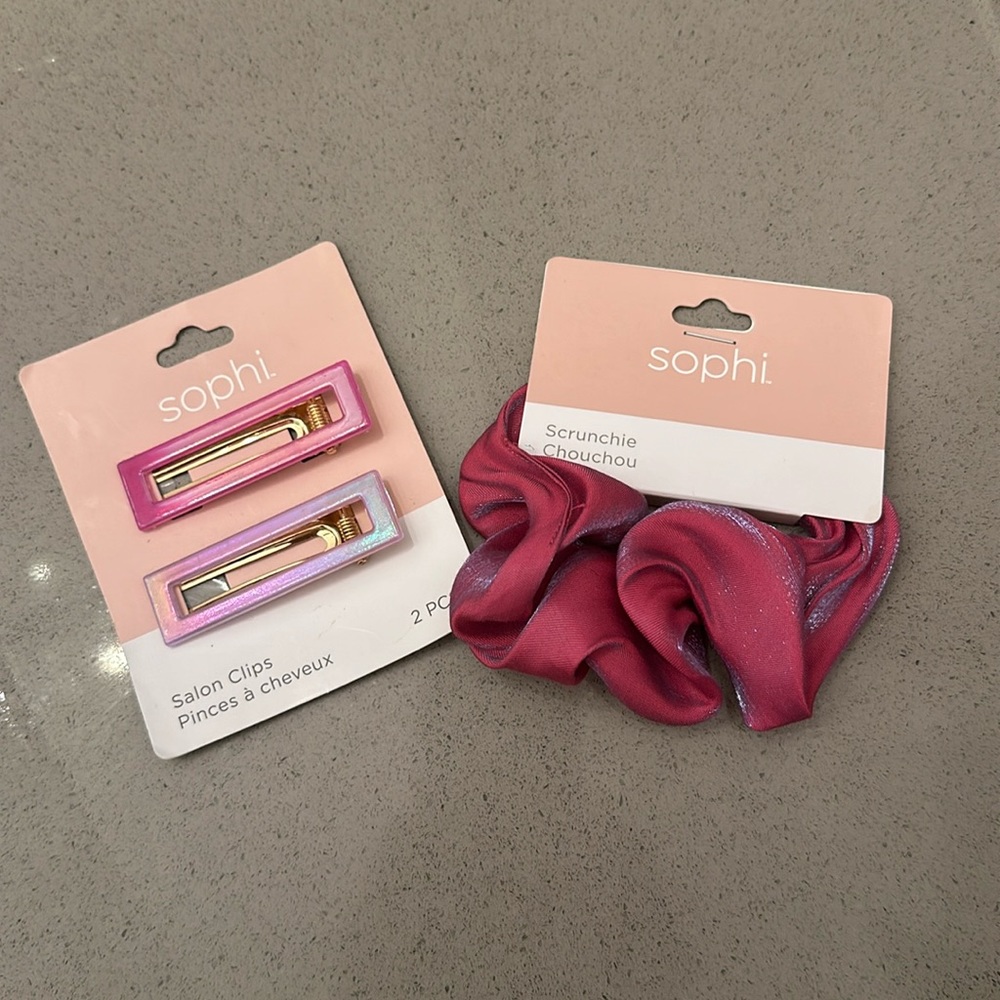 NEW Sophi Iridescent Pink scrunchie & Sophi Iridescent pink & purple clips